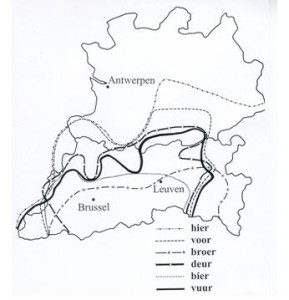Kaart van de wegval van de eind-r na lange klinkers in het Zuid-Brabants  (Belemans en Goossens µ??) 